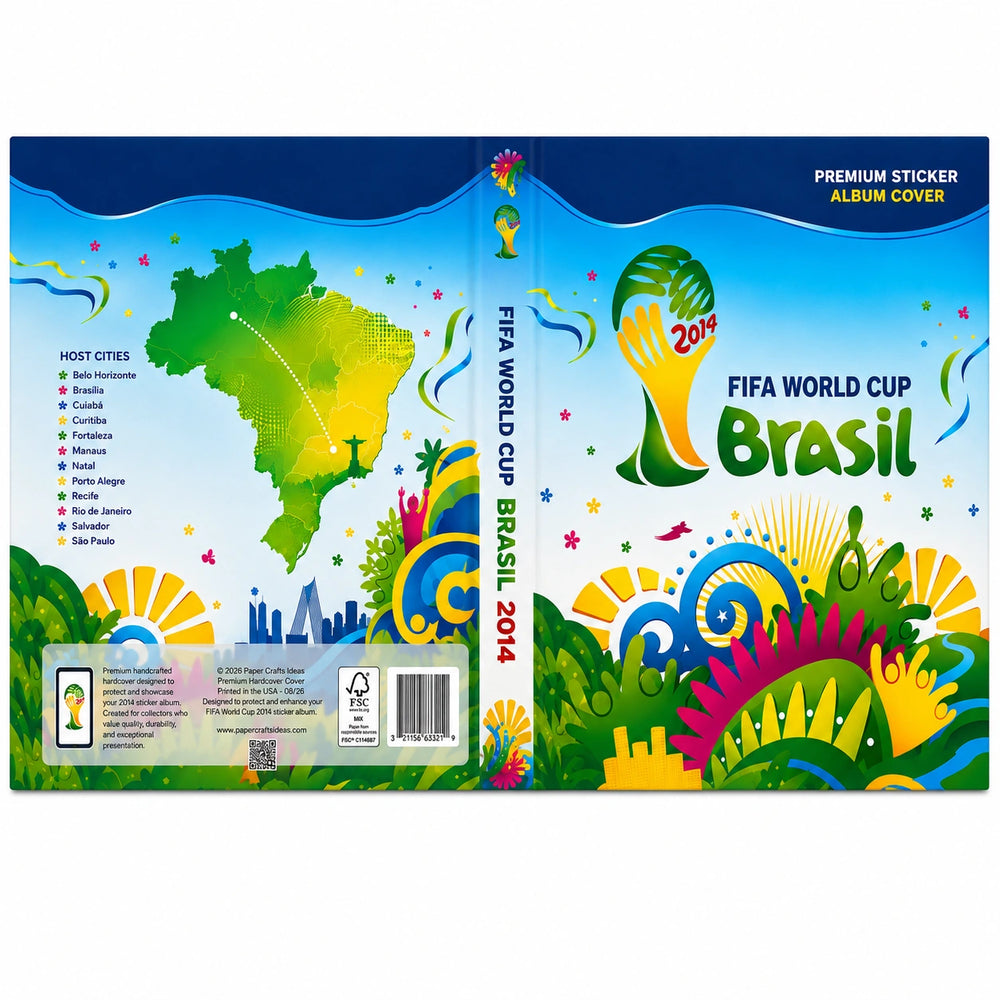 A colorful FIFA World Cup Brasil 2014 premium sticker album cover shown as a full mockup with front, spine, and back views on a white background.