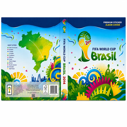 A colorful FIFA World Cup Brasil 2014 premium sticker album cover shown as a full mockup with front, spine, and back views on a white background.