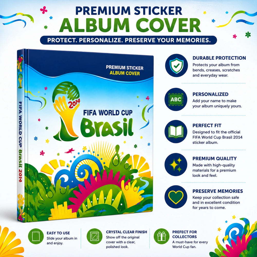 FIFA World Cup Brasil 2026 premium sticker album cover shown on a colorful promotional background with feature callouts. The cover artwork includes the FIFA World Cup logo, Brazil-themed graphics, and text highlighting durability, personalization, fit, and premium quality.
