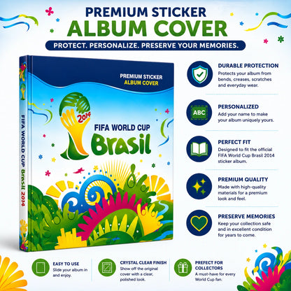 FIFA World Cup Brasil 2026 premium sticker album cover shown on a colorful promotional background with feature callouts. The cover artwork includes the FIFA World Cup logo, Brazil-themed graphics, and text highlighting durability, personalization, fit, and premium quality.