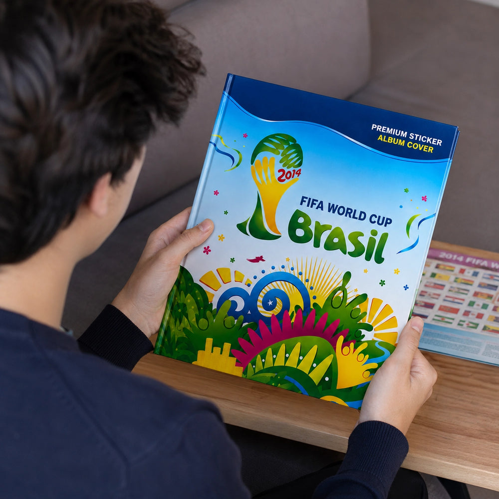 A person holding a large FIFA World Cup Brasil 2014 premium sticker album cover in a home setting, viewed from behind as they look at the colorful book.