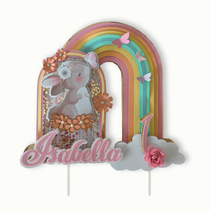 Bunny Rainbow Cake Topper – 3D Shaker, Pastel Boho, Name & Age
