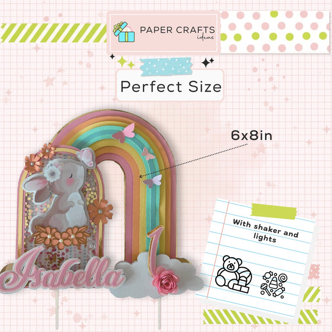 Bunny Rainbow Cake Topper – 3D Shaker, Pastel Boho, Name & Age