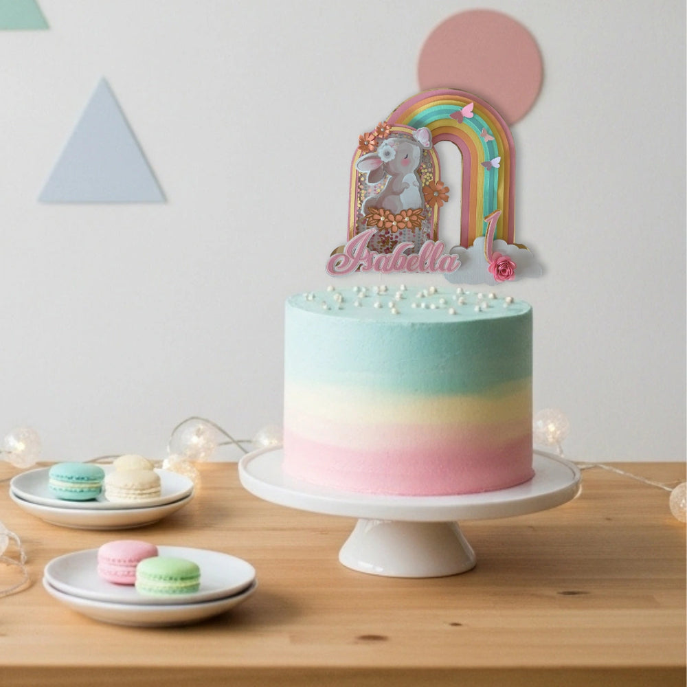 Bunny Rainbow Cake Topper – 3D Shaker, Pastel Boho, Name & Age