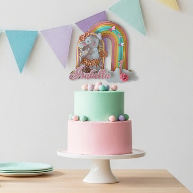 Handmade bunny cake topper with layered cardstock and lights