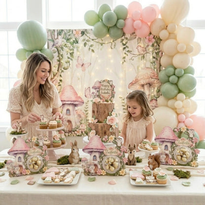 enchanted woodland birthday candy holder with mushroom house and woodland creatures