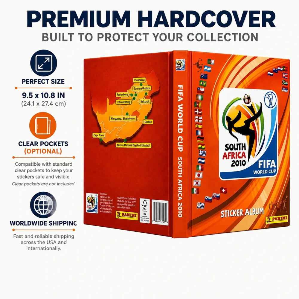 FIFA World Cup South Africa 2010 sticker album in a hardcover format, shown in a clean product render with promotional text and feature callouts on a white and navy background.