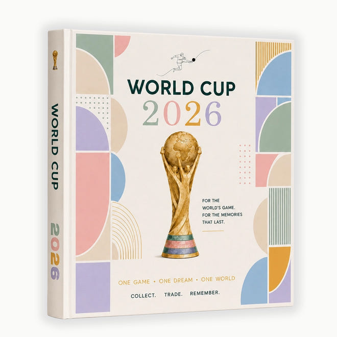 A hardcover book titled 'WORLD CUP 2026' shown at a slight angle to display both the front cover and the spine. The cover features a cream background with colorful geometric shapes in pastel pink, blue, green, yellow, and purple, along with a gold FIFA trophy illustration in the center.