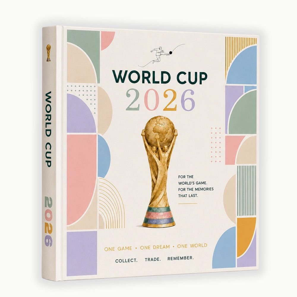 A hardcover book titled 'WORLD CUP 2026' shown at a slight angle to display both the front cover and the spine. The cover features a cream background with colorful geometric shapes in pastel pink, blue, green, yellow, and purple, along with a gold FIFA trophy illustration in the center.