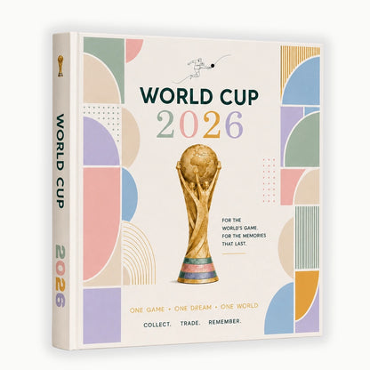 A hardcover book titled 'WORLD CUP 2026' shown at a slight angle to display both the front cover and the spine. The cover features a cream background with colorful geometric shapes in pastel pink, blue, green, yellow, and purple, along with a gold FIFA trophy illustration in the center.
