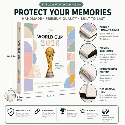 A World Cup 2026 album protector case shown on a light gray background with product dimensions, feature callouts, and care icons. The case is white with multicolor geometric accents and the FIFA World Cup trophy graphic on the front.
