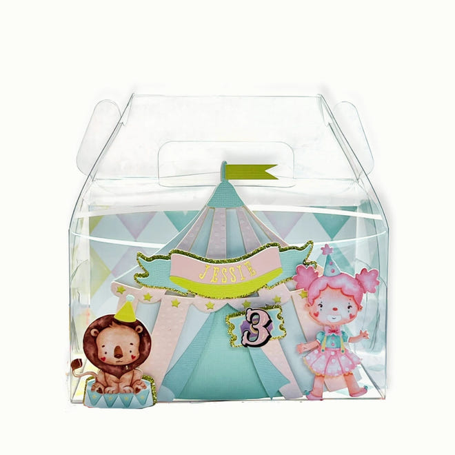 Personalized pastel circus clear party favor box