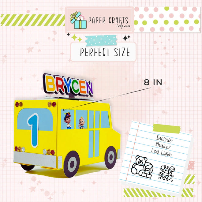 Yellow school bus party favor box inspired by Cocomelon