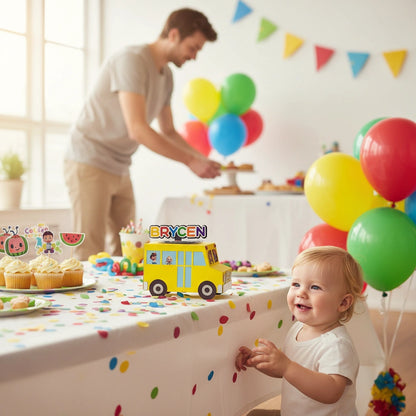 Child at a birthday party with balloons and a cake, featuring the name 'Brycen'.