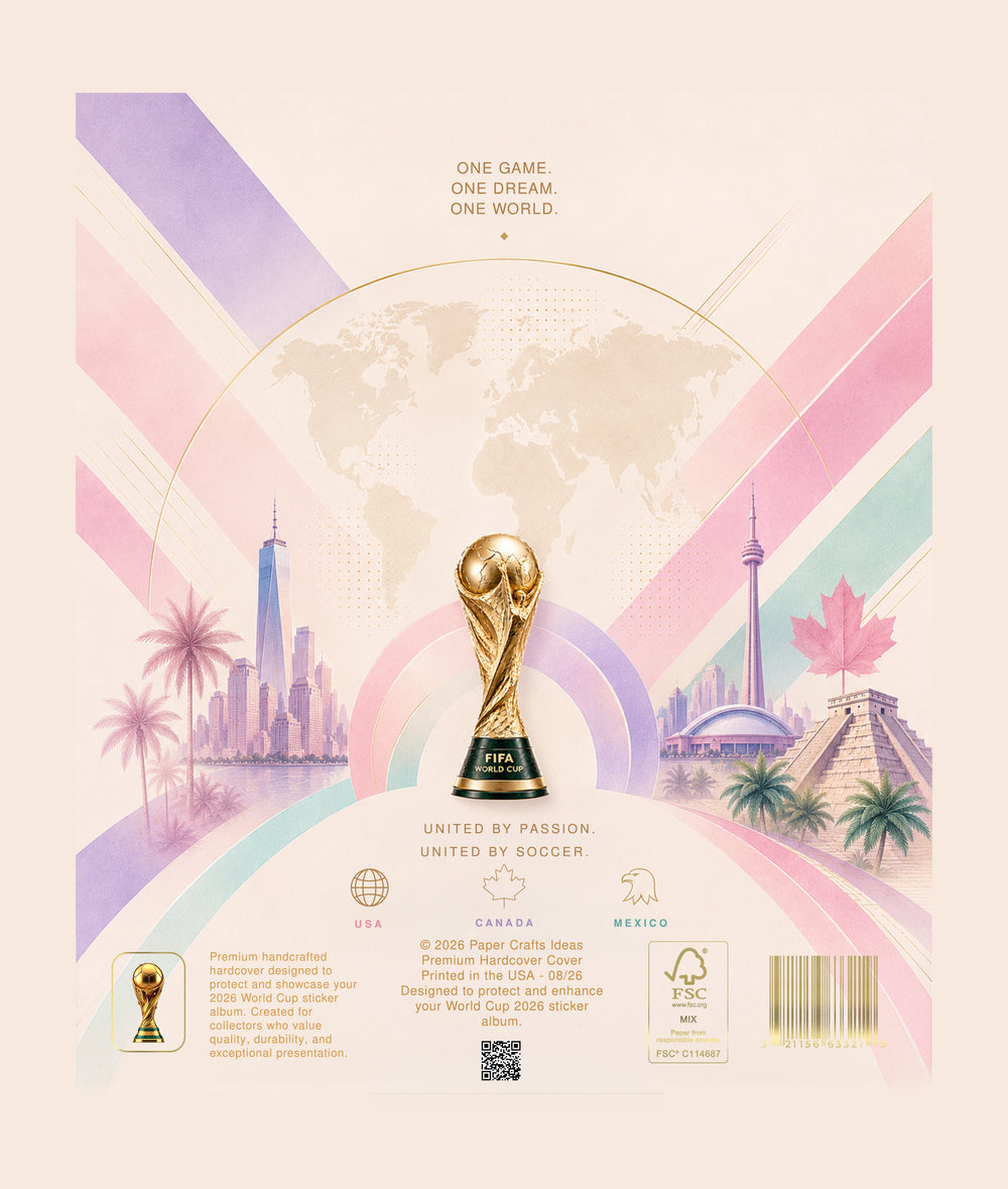 A stylized illustrated soccer poster centered on the FIFA World Cup trophy, with pastel geometric shapes, a world map outline, city silhouettes, and text including 'ONE GAME. ONE DREAM.