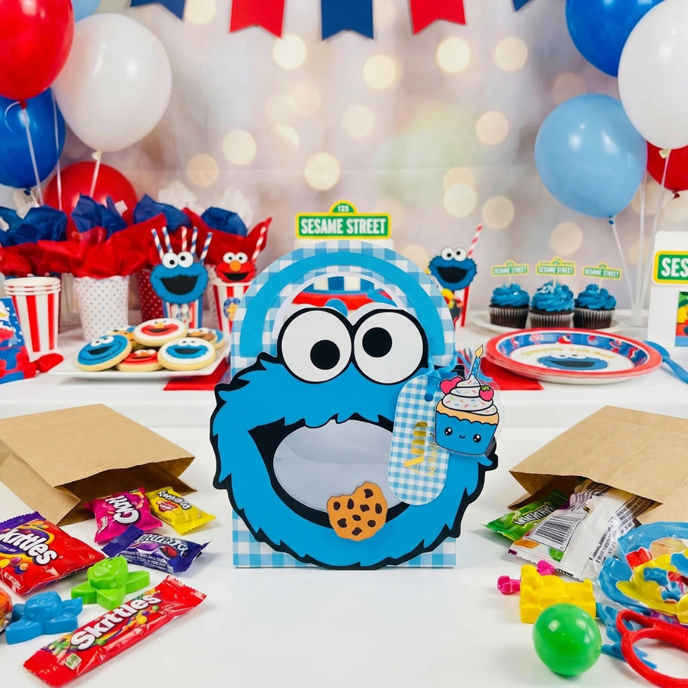 Sesame Street-themed party setup with Cookie Monster decorations and candy.