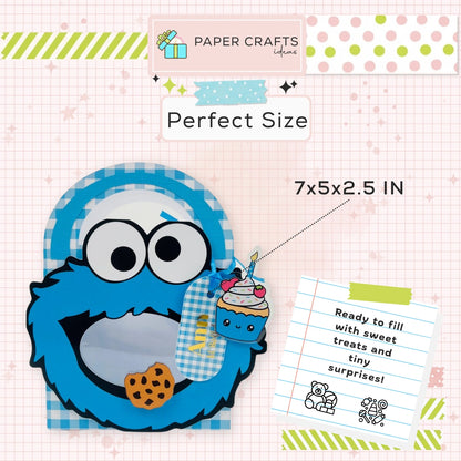 Cookie Monster container with a cupcake and text on a checkered background