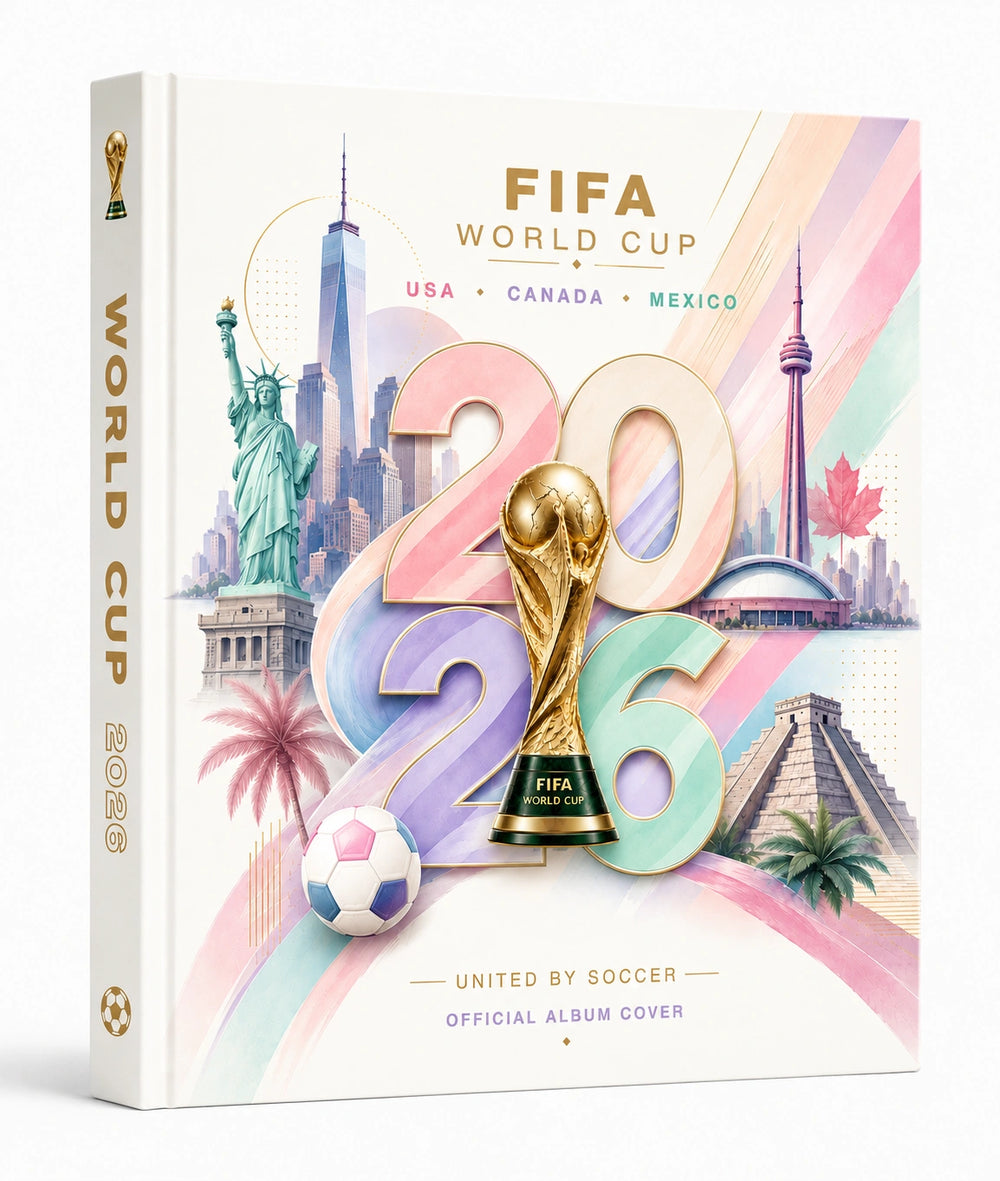 FIFA World Cup 2026 official album cover book shown at a slight angle on a white background. The cover features a colorful pastel design with the numbers 2026, the FIFA World Cup trophy, a soccer ball, and city landmarks including the Statue of Liberty, Toronto Tower, and the Acropolis.