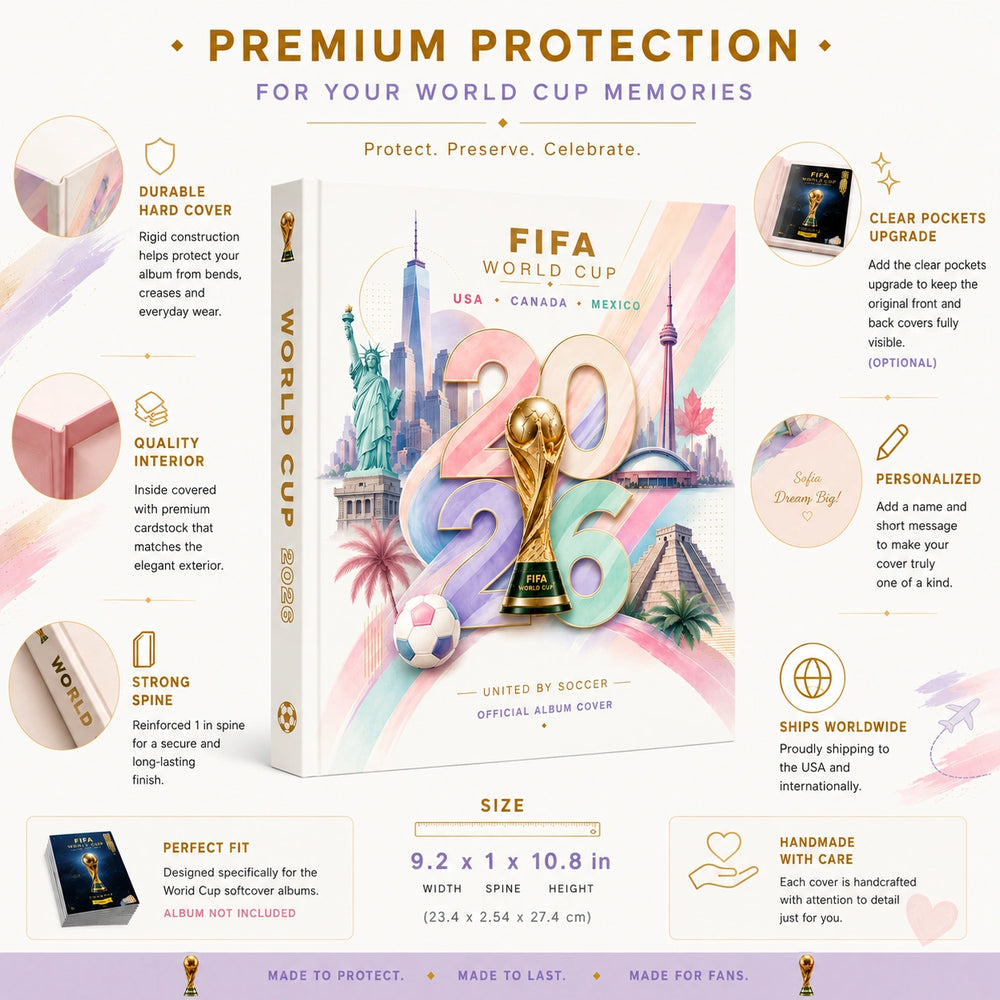 FIFA World Cup 2026 USA, Canada, and Mexico official album cover shown on a white background with surrounding feature callouts and text. The album cover is illustrated with a large white '2' over a colorful skyline and soccer theme, and the image includes details about the hard cover, interior, pockets, spine, and shipping.