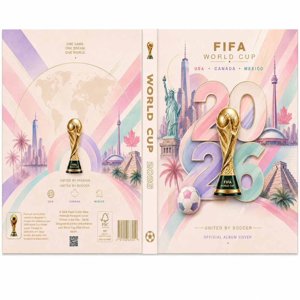 FIFA World Cup 2026 official album cover design shown as a flat front-and-back spread on a white background. The artwork features pastel pink, lavender, and peach stripes, stylized city silhouettes, a soccer ball, and the FIFA World Cup trophy.