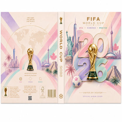 FIFA World Cup 2026 official album cover design shown as a flat front-and-back spread on a white background. The artwork features pastel pink, lavender, and peach stripes, stylized city silhouettes, a soccer ball, and the FIFA World Cup trophy.