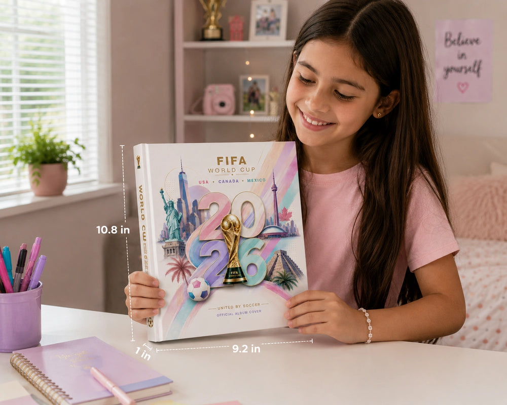 A young girl smiling while holding a FIFA World Cup 2026 book at a white desk, with dimension labels showing 10.8 in height, 9.