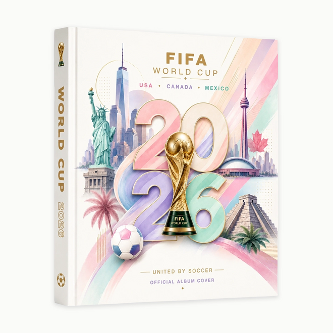 FIFA World Cup 2026 official album cover book, featuring a colorful pastel design with the FIFA World Cup trophy, Statue of Liberty, Toronto skyline, and other city landmarks on a white background.