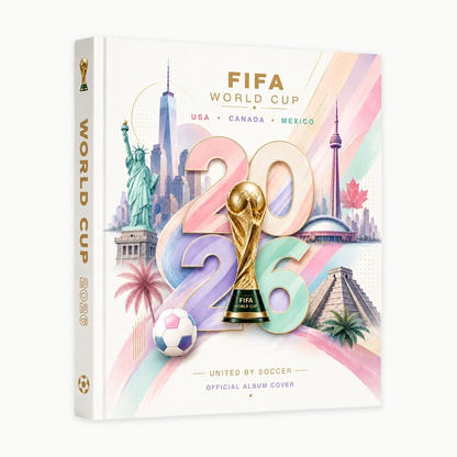 FIFA World Cup 2026 official album cover book, featuring a colorful pastel design with the FIFA World Cup trophy, Statue of Liberty, Toronto skyline, and other city landmarks on a white background.