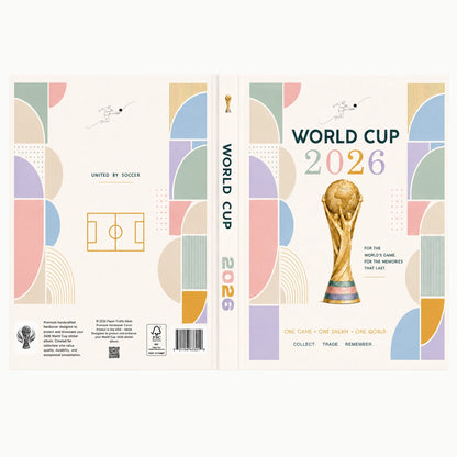 A hardcover book or journal cover design for World Cup 2026, shown open to the front and back covers. The cover features a cream background with pastel geometric shapes in pink, blue, yellow, green, and lavender, plus a large illustration of the FIFA World Cup trophy and the text 'WORLD CUP 2026'.