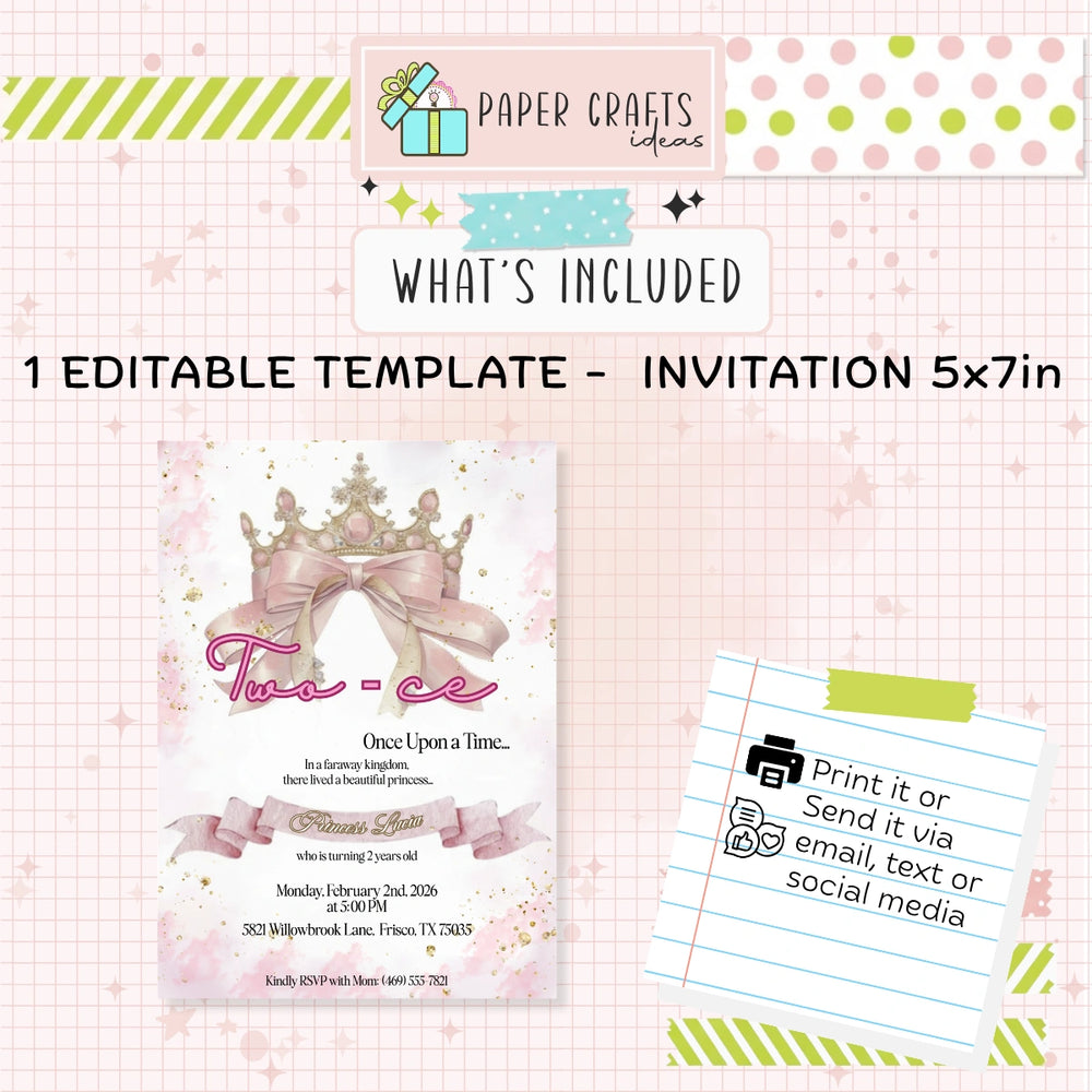 pink princess birthday invitation printable digital download