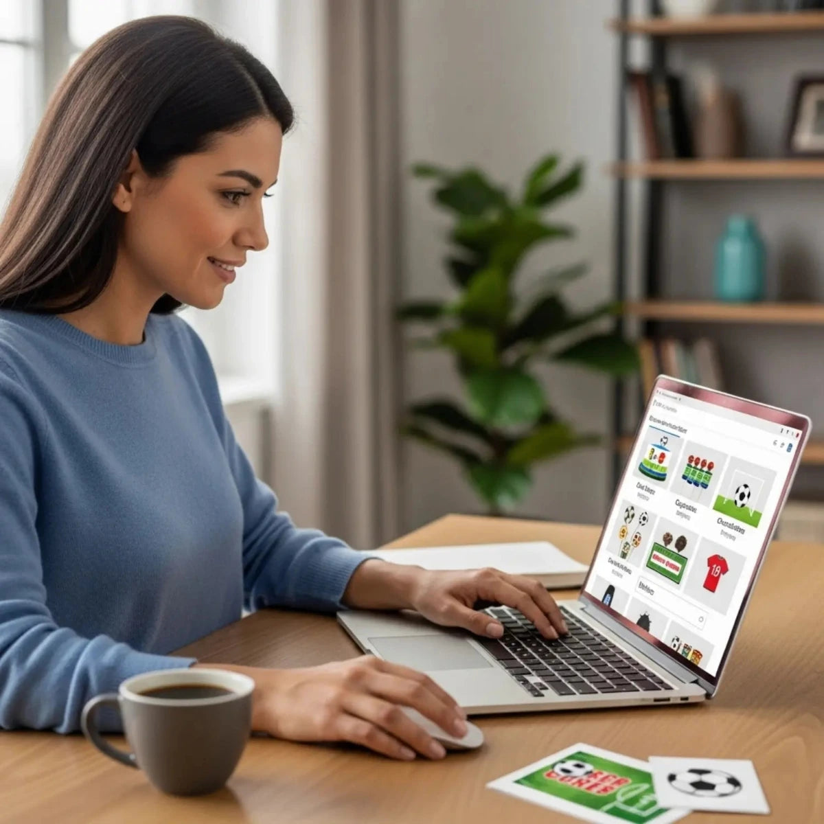 Woman using a laptop at a desk with a cup of coffee and cards on the table.