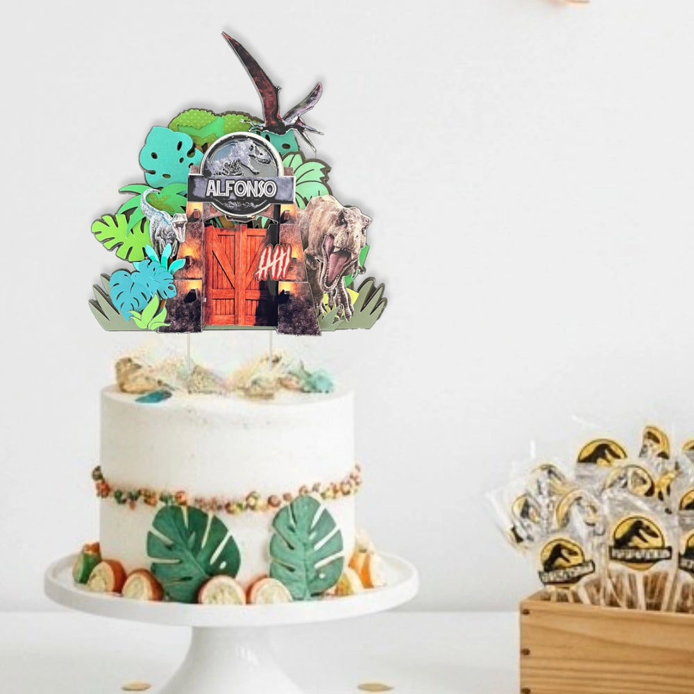 Dinosaur Jurassic World Cake Topper – 3D Jungle, T-Rex & Raptors, Name & Age