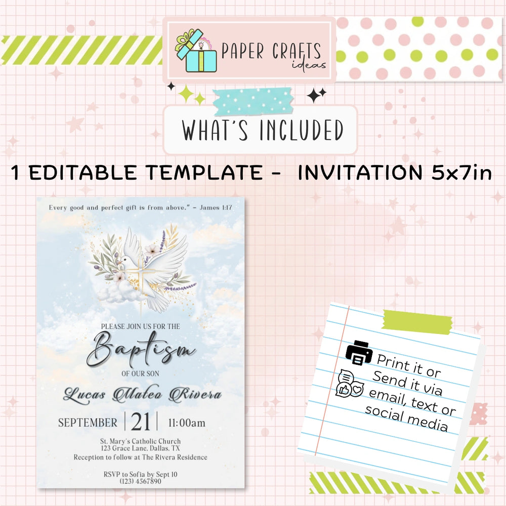 Celestial Baptism Invitation | Editable Christening Template | Baby Boy or Girl Printable Invite | Instant Download