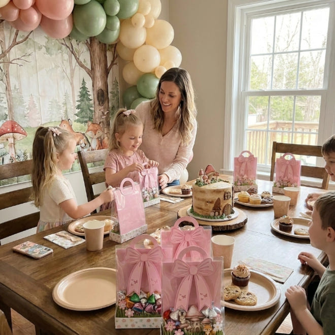 woodland animals party favor bag with fox bunny mushroom house and floral details