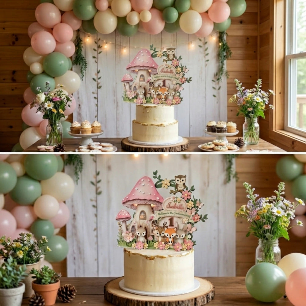 enchanted woodland cake topper featuring fox bunny deer owl and flowers