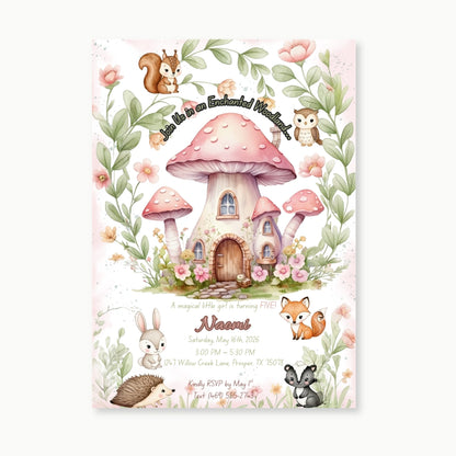 enchanted woodland birthday invitation personalized with fairy garden theme and woodland animals for girls party