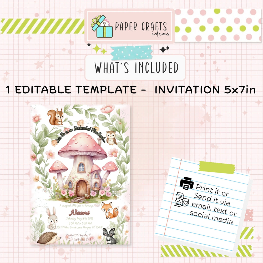 enchanted woodland birthday invitation personalized with fairy garden theme and woodland animals for girls party