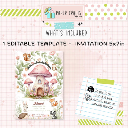 enchanted woodland birthday invitation personalized with fairy garden theme and woodland animals for girls party
