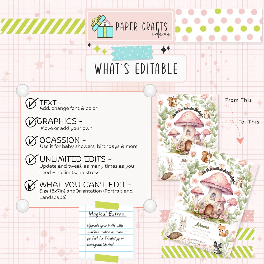 enchanted woodland birthday invitation personalized with fairy garden theme and woodland animals for girls party