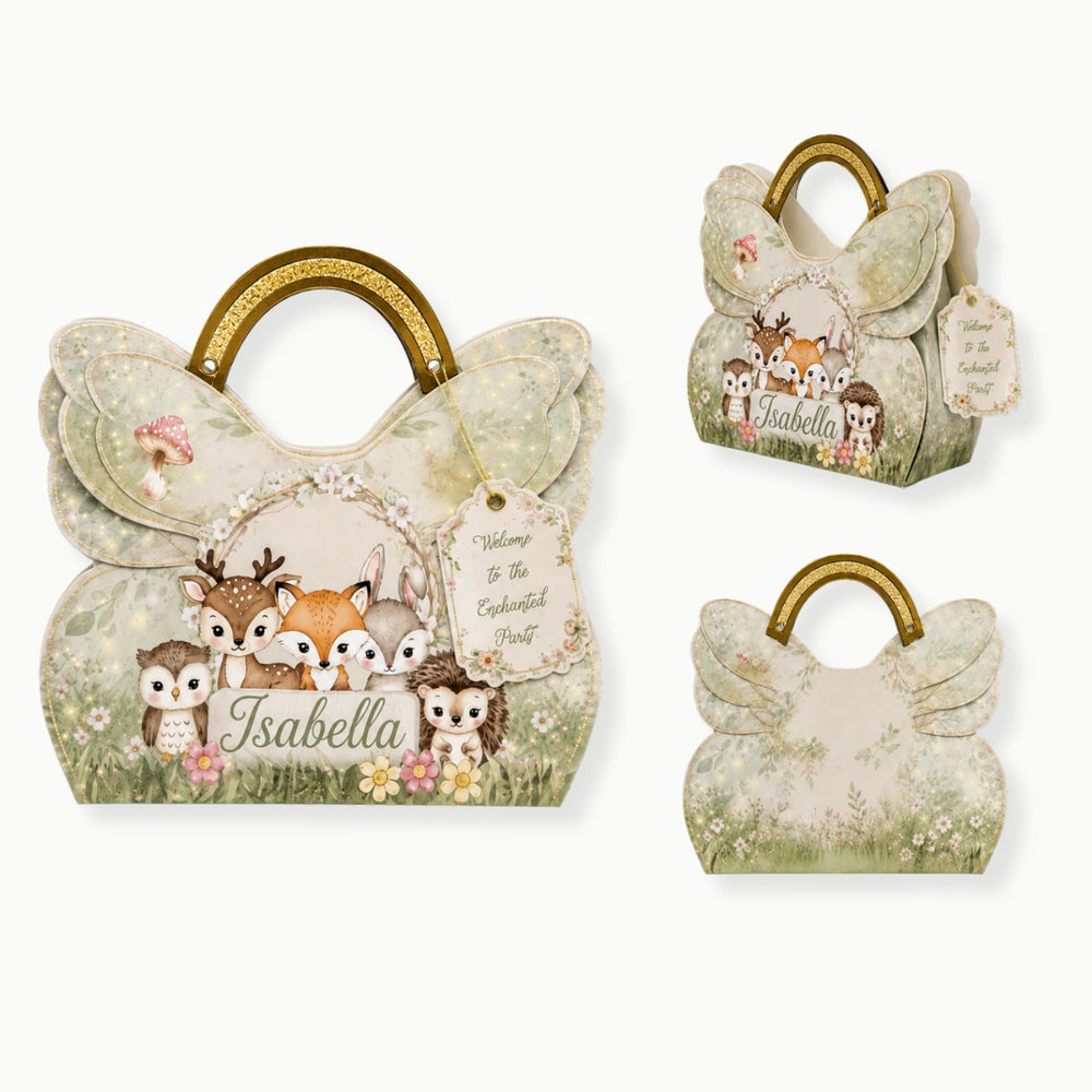 enchanted woodland favor box personalized with name and woodland animals design