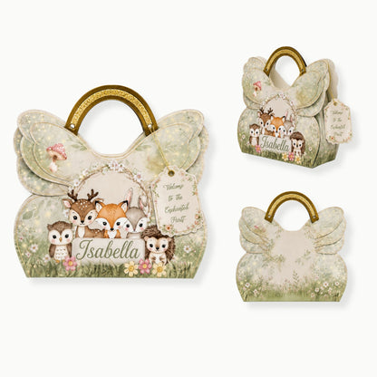 enchanted woodland favor box personalized with name and woodland animals design