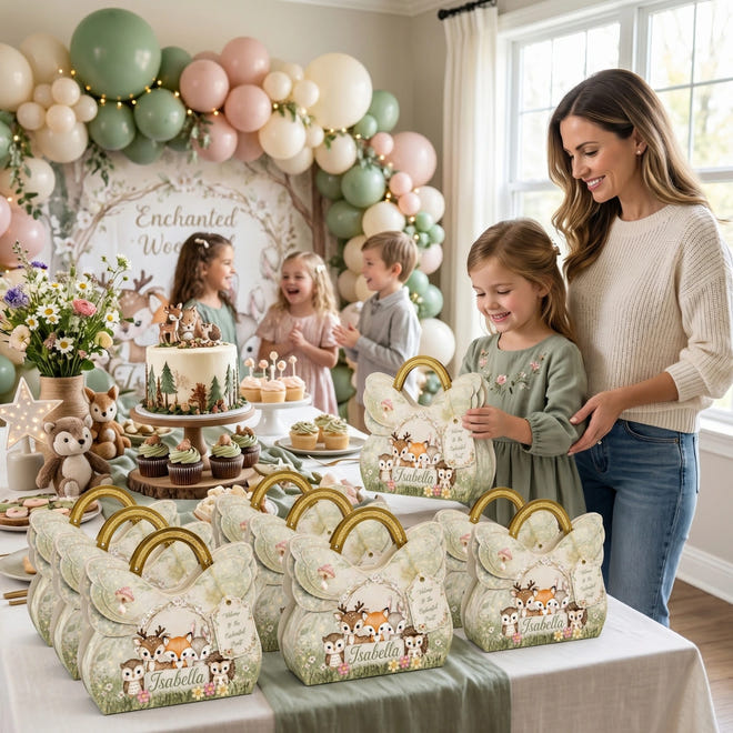 woodland animals party favor box with fox deer bunny owl and hedgehog theme
