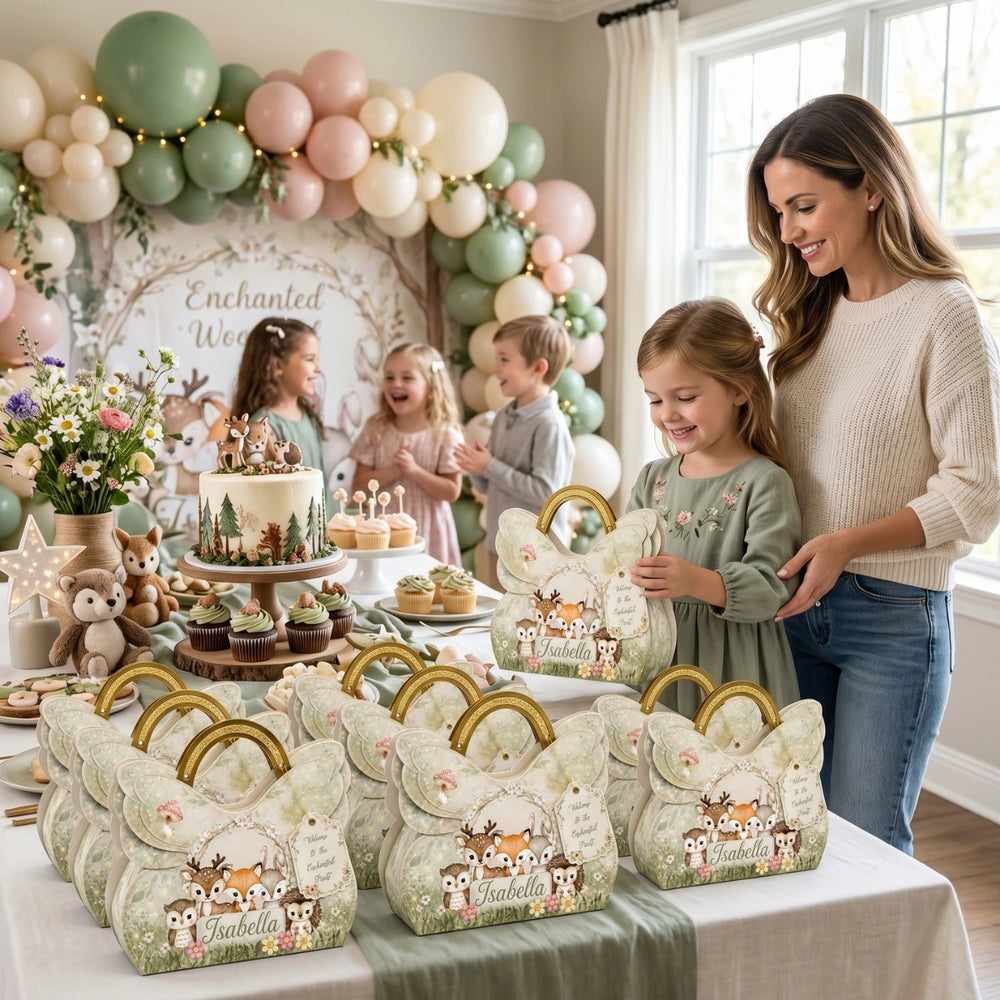 woodland animals party favor box with fox deer bunny owl and hedgehog theme