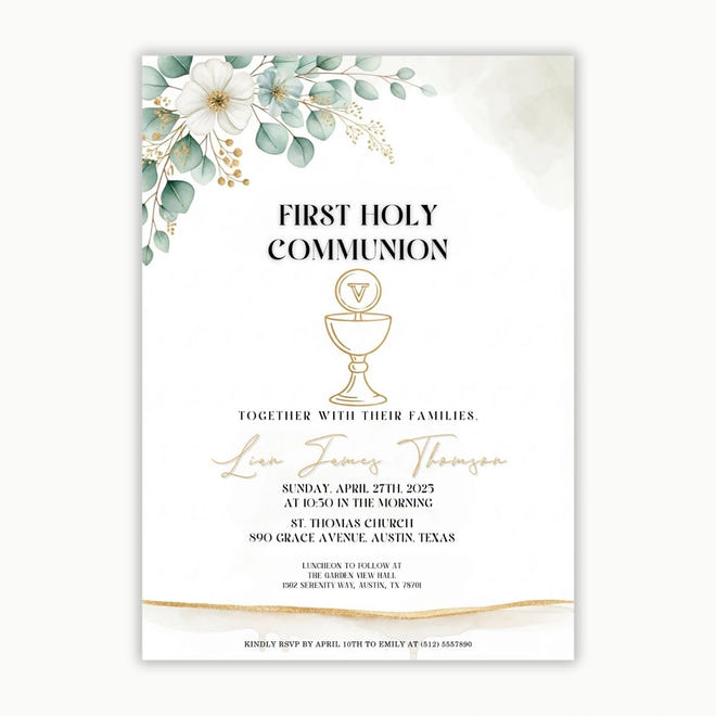 First Holy Communion Invitation | Elegant Gold Chalice | Printable & Editable Template | Boy or Girl Christening Card
