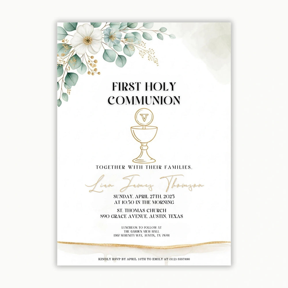 First Holy Communion Invitation | Elegant Gold Chalice | Printable & Editable Template | Boy or Girl Christening Card