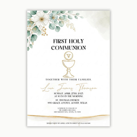First Holy Communion Invitation | Elegant Gold Chalice | Printable & Editable Template | Boy or Girl Christening Card