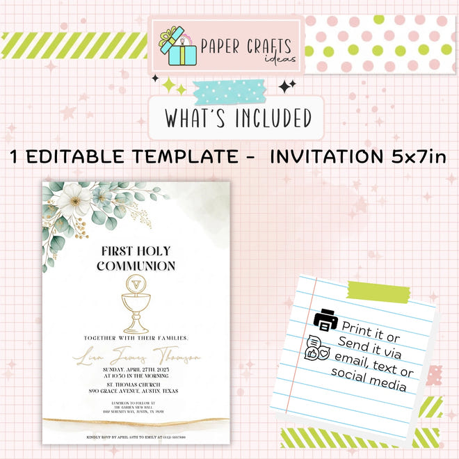 First Holy Communion Invitation | Elegant Gold Chalice | Printable & Editable Template | Boy or Girl Christening Card