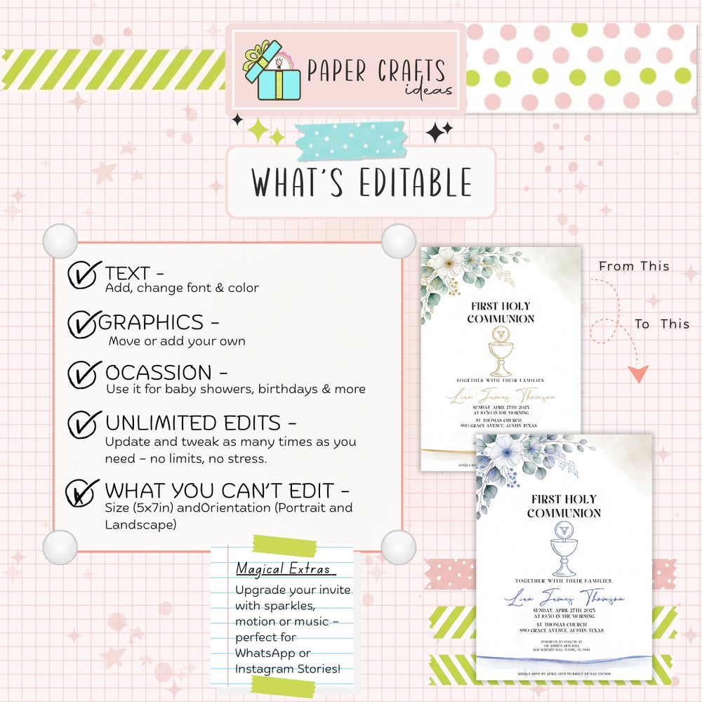 First Holy Communion Invitation | Elegant Gold Chalice | Printable & Editable Template | Boy or Girl Christening Card