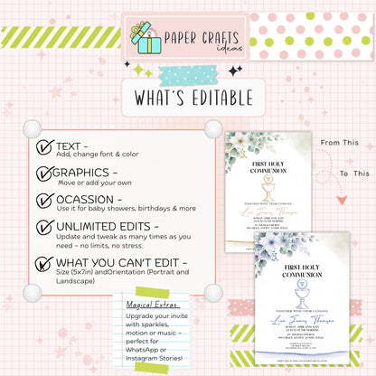 First Holy Communion Invitation | Elegant Gold Chalice | Printable & Editable Template | Boy or Girl Christening Card