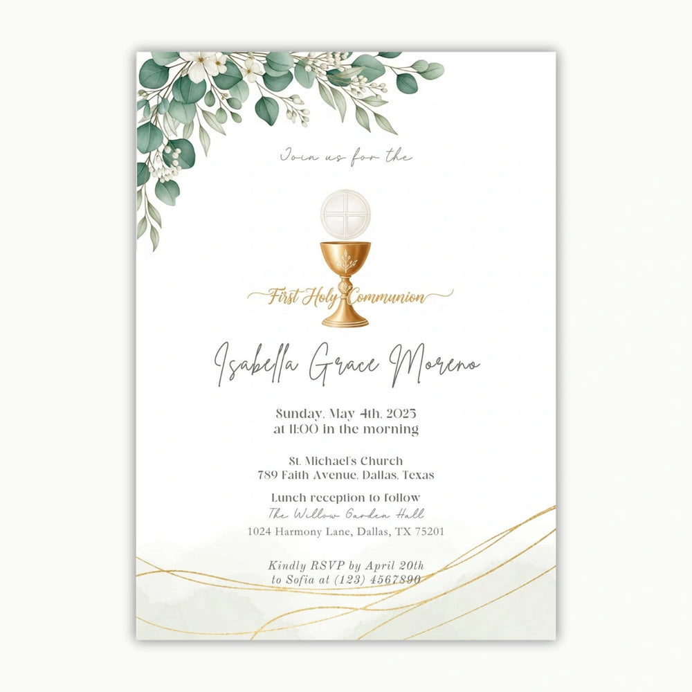 Elegant First Holy Communion Invitation | Printable Editable Template | Gold Chalice & Greenery Design